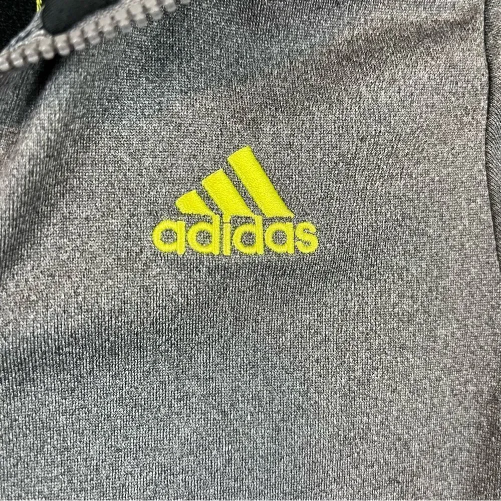 Boys Adidas Fleece Zip Up Gray, Black & Neon Green Track Jacket Small Pockets